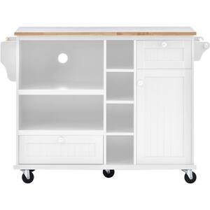 Kitchen Island on Lockable Wheels with 2 Storage Drawers & Bamboo Countertop, Kitchen Trolley Cart with Adjustable Shelves and Towel Bar, L42.5Xw18xh3