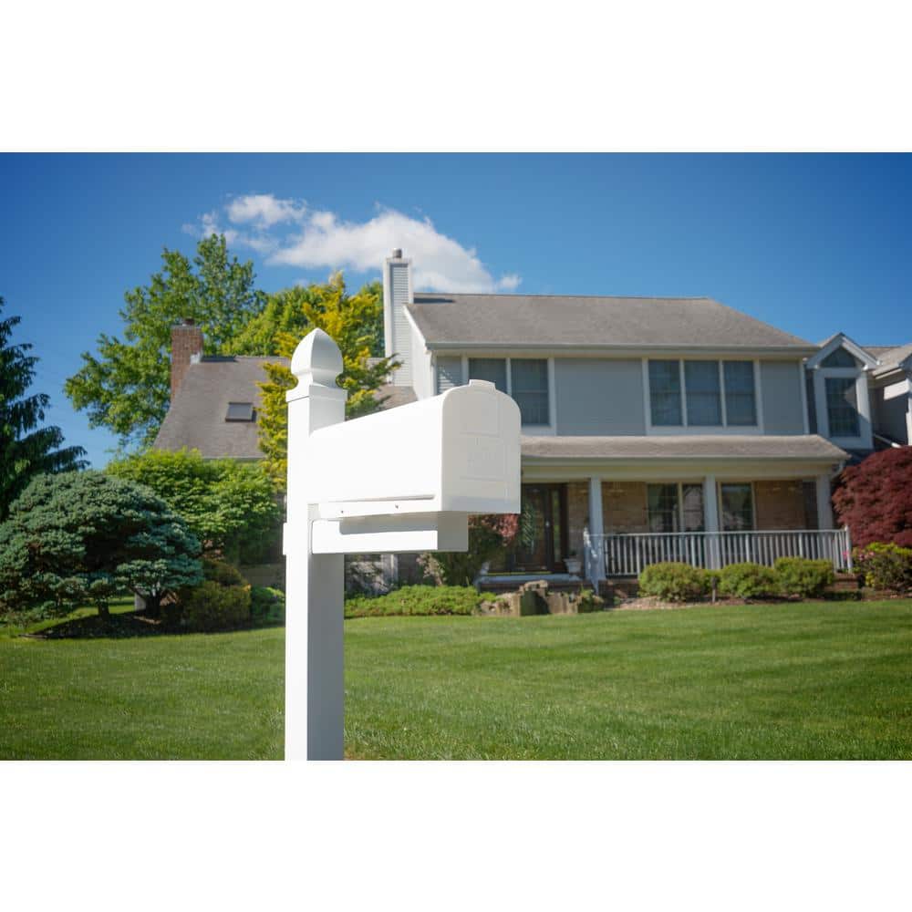 White Medium Plastic Post Mount Mailbox with Red Flag