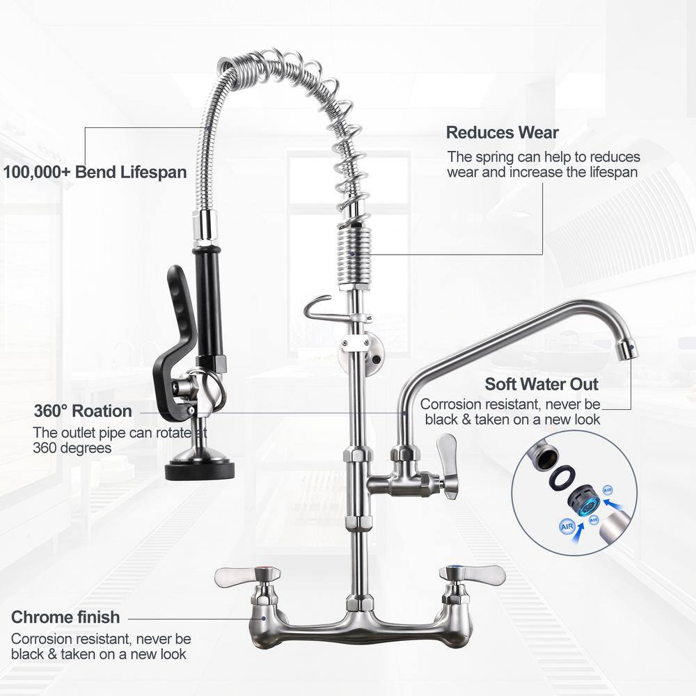 Brushed Nickel Wall Mount Commercial Kitchen Faucet with Pull Down Spray