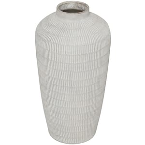 23 in. Cream Textured Ceramic Decorative Vase with Linear Pattern