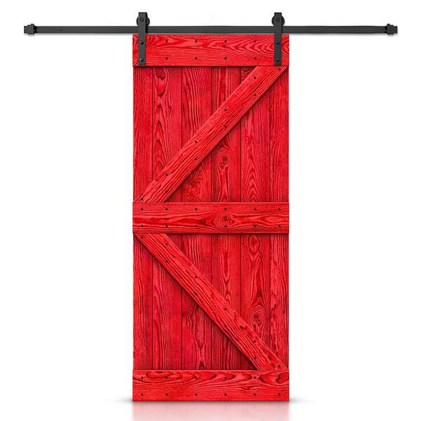 CALHOME 26 in. x 84 in. K-Bar Ready to Hang Wire Brushed Red Thermally Modified Solid Wood Sliding Barn Door with Hardware Kit