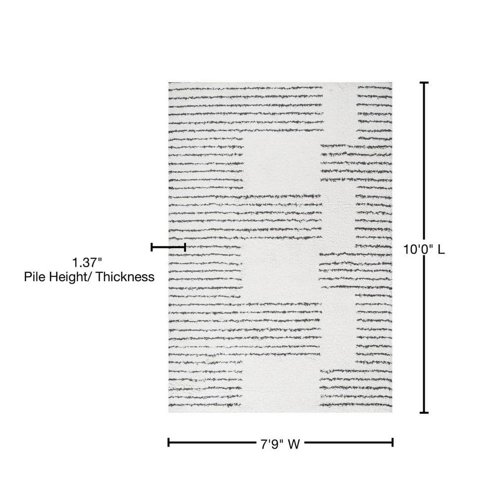 8' x 10' White and Black Stripe Shag Area Rug