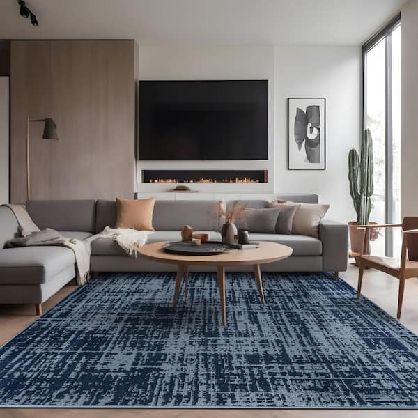 Atlas Navy 9 ft. x 12 ft. Rubber Back Washable Modern Canvas Indoor Outdoor Area Rug