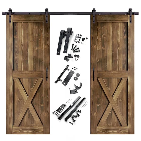HOMACER 48 in. x 96 in. X-Frame Walnut Double Pine Wood Interior Sliding Barn Door with Hardware Kit, Non-Bypass