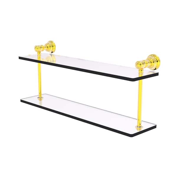 Carolina Collection 22 in. x 9.2 in. x 5.6 in. Brass Rectangular 2-Tiered Glass Shelf in Polished Brass