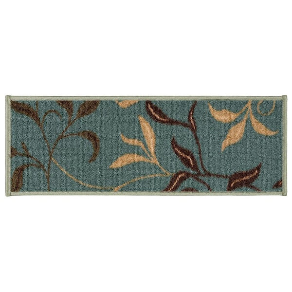 Ottomanson Ottohome Collection Contemporary Leaves Seafoam Green 9 in. x 26 in. Rubber Back Stair Tread Cover (Set of 14)