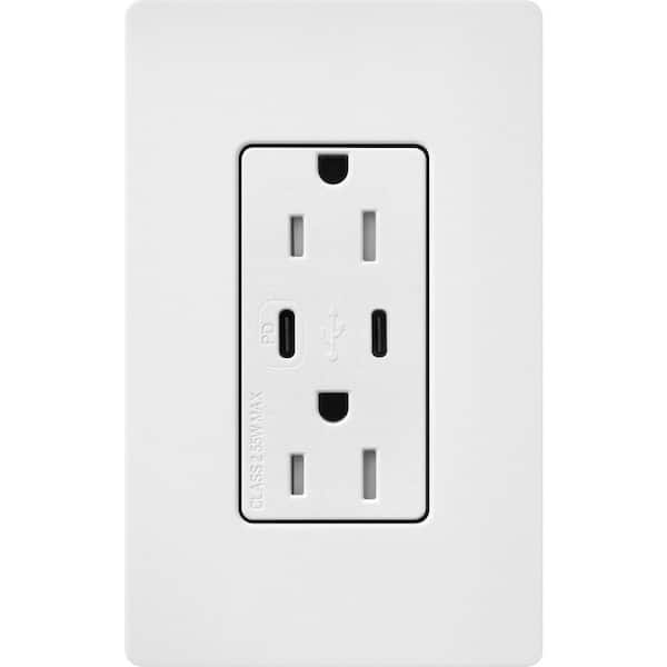 Claro 15 Amp Tamper Resistant USB Type C Duplex Receptacle, Decorator Style Outlet, Satin Finish, SCR-15-CCTR-SW, White