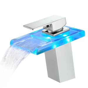 Single-Handle Deck Mounted Bathroom Faucet with Waterfall Glass Spout LED Light in Brushed Chrome