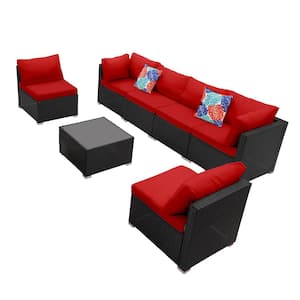7-Piece Wicker Patio Conversation Sectional Seating Set with Red Cushions