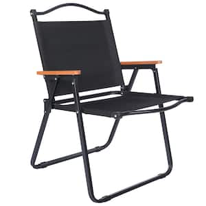 2-Pack Outdoor Folding Portable Iron Frame Camping Chairs in Black with Wooden Armrests