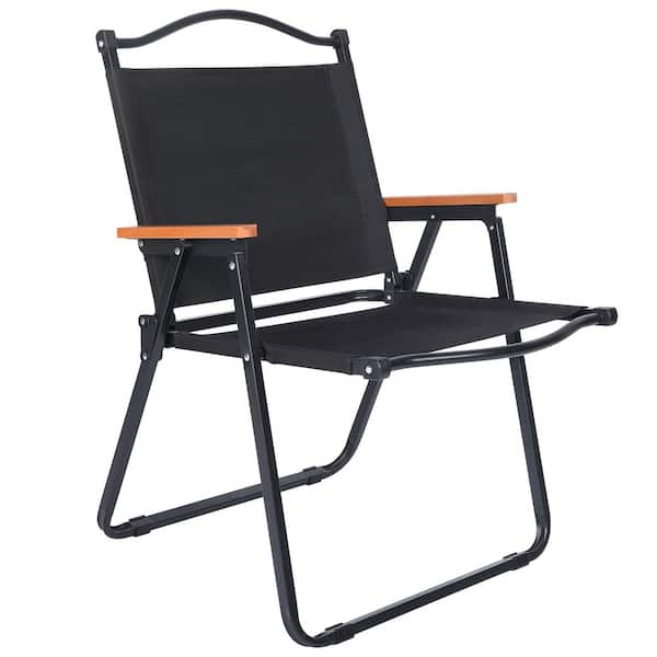 Cesicia 2-Pack Outdoor Folding Portable Iron Frame Camping Chairs in Black with Wooden Armrests