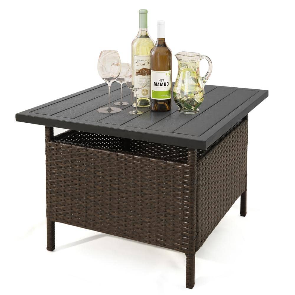 Outdoor Wicker Table Rattan Coffee Table w/Umbrella Insert Hole PE Tabletop & Sturdy Metal Frame price history on PriceWatchPro