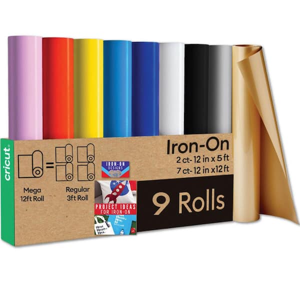 Premium Iron-On HTV Rainbow Bundle with 12' Colored and 5' Black & White Rolls (9 ct) for Craft Cutting Machines
