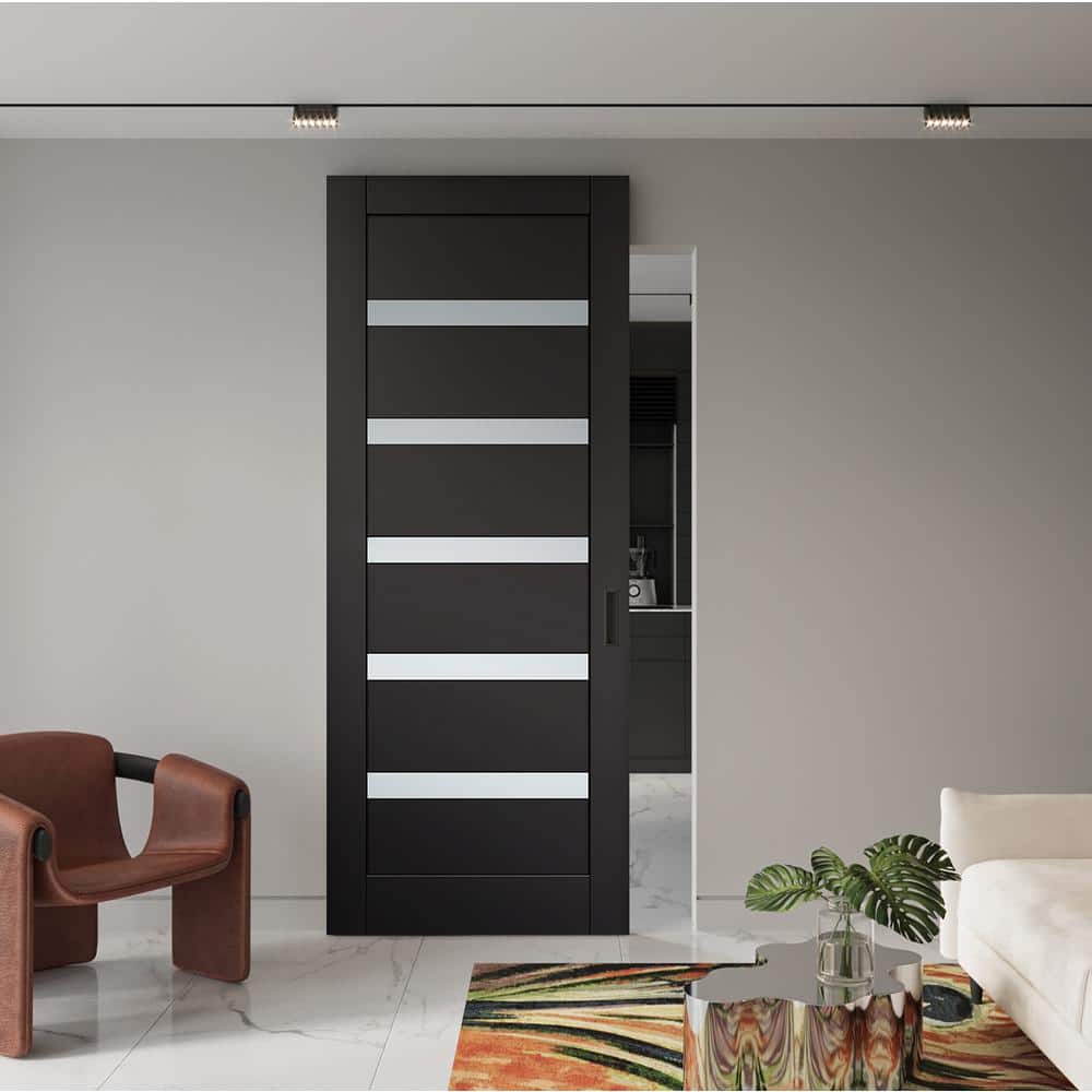 Leora Black Matte Frosted Glass Solid Core Sliding Barn Door Kit
