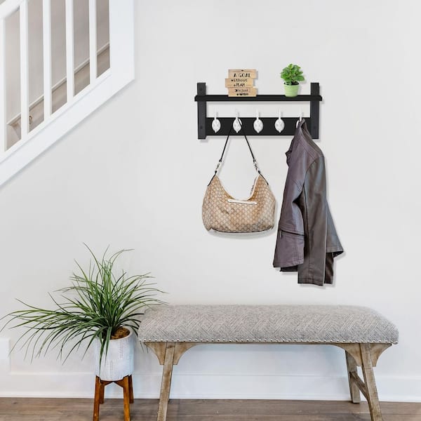 7.5 in. Tall Black MDF 1 Shelf Standard Bookcase, Coat Hooks Wall Mount Floating Shelf with Heavy Duty Hooks 15.75 in W