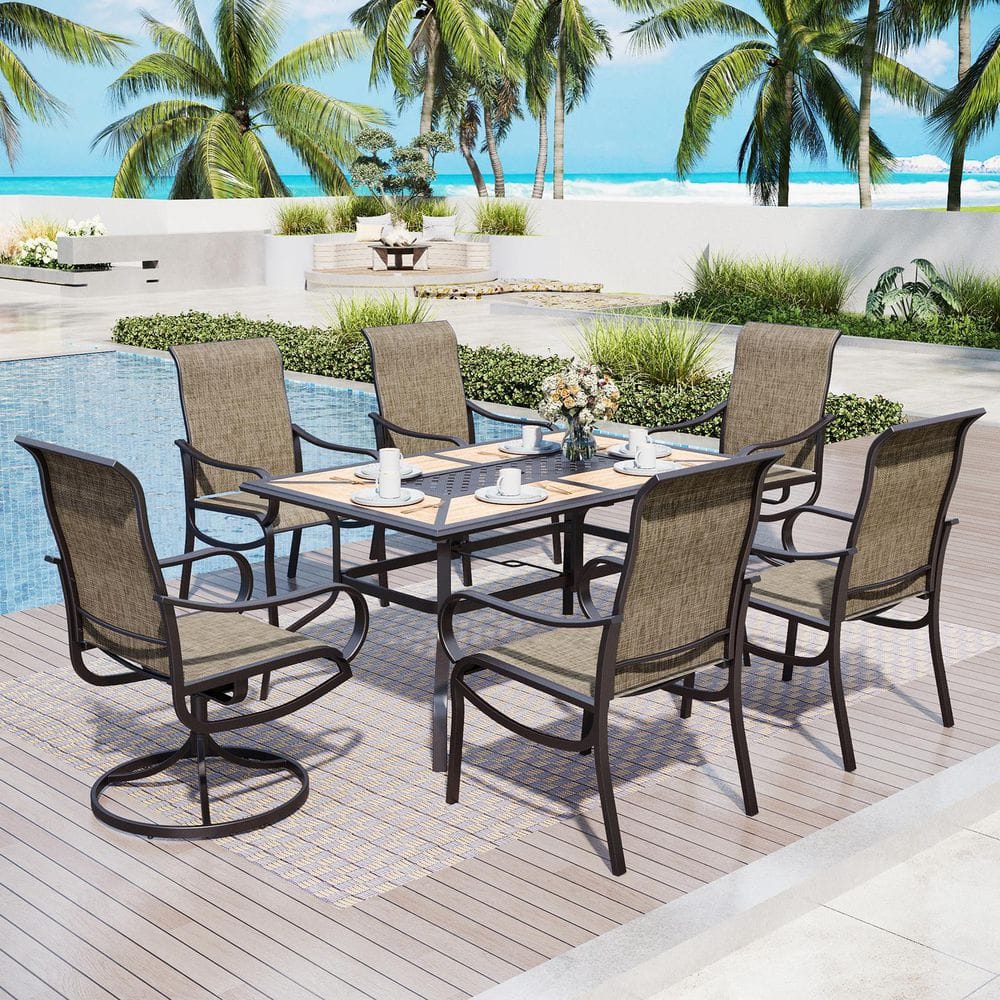 Black 7-Piece Metal Rectangle Patio Outdoor Dining Set with Geometric Table and Textilene Chairs price history on PriceWatchPro