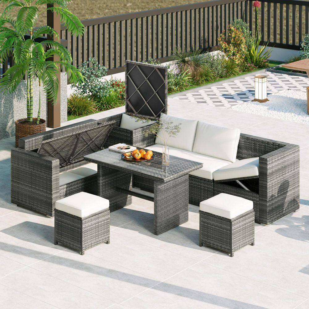 Tenleaf 6-Piece Wicker Patio Conversation Set with Beige Cushions ...