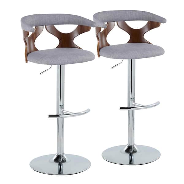 Lumisource Gardenia 32.5 in. Light Grey Fabric, Walnut Wood and Chrome Metal Adjustable Bar Stool (Set of 2)