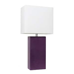 Monaco Avenue 21 in. Modern Eggplant Leather Table Lamp with White Fabric Shade