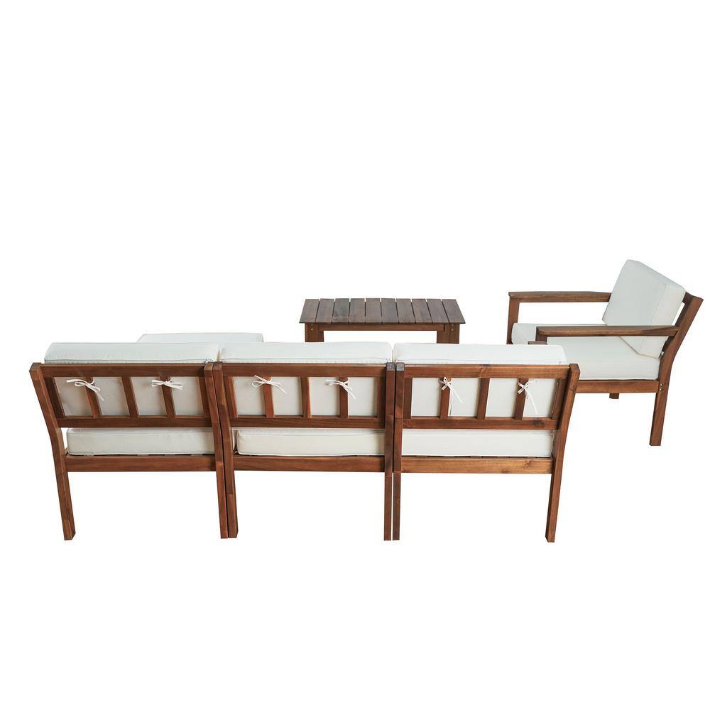 5-Piece Brown Wood Outdoor Seating Set with Beige Cushions