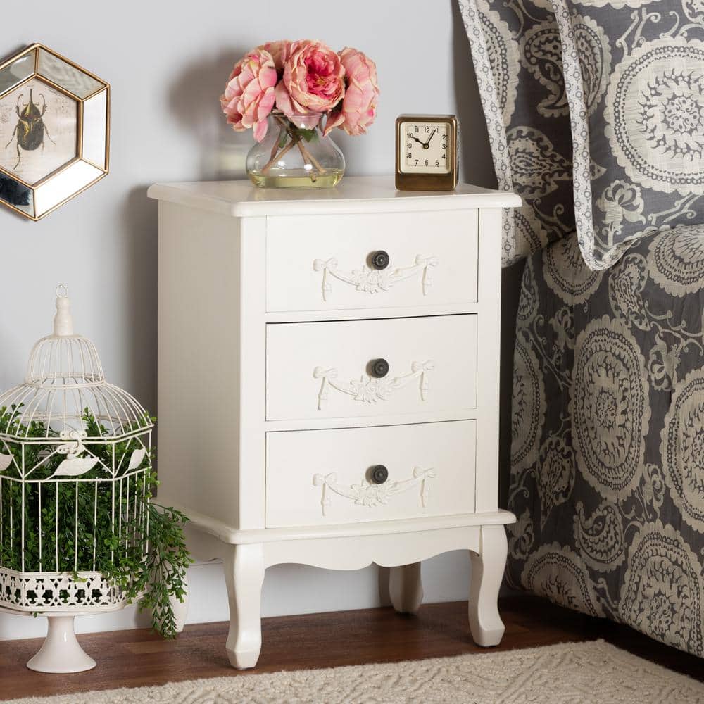 Callen Traditional White 3-Drawer Wood Nightstand with Floral Moldings