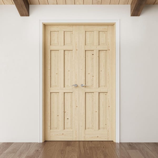 56 in. x 80 in. 6-Panel Universal Unfinished Solid Core Pine Wood Double Prehung French Door+ Quick Assemble Pine Jamb