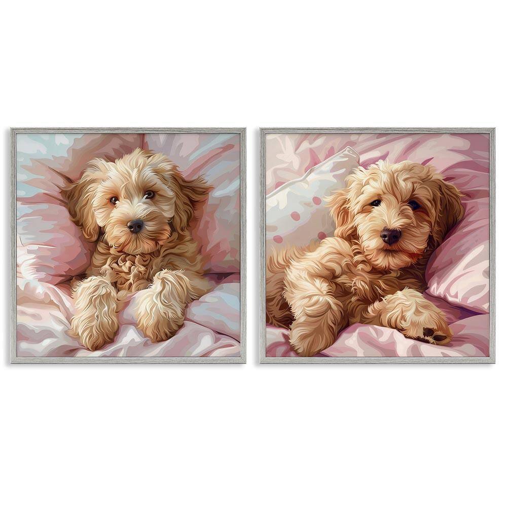Cuddling Labradoodle in Bed by Jim Baldwin 2 Pieces Gray Framed Animal Giclee Art Print 17 in. x 17 in. price history on PriceWatchPro