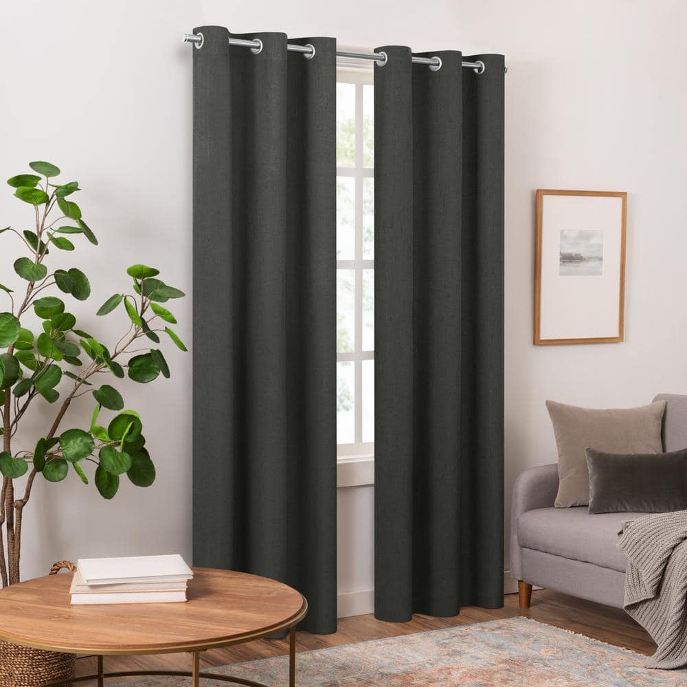 Charcoal Faux Linen Blackout Grommet Window Panel Pair, 42" x 108"