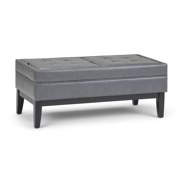 Simpli Home Castlerock 42 in. Transitional Ottoman Bench in Stone Grey Faux Leather