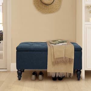 29 in. Navy Linen Fabric Upholstered Flip Top Tufted Storage Bench