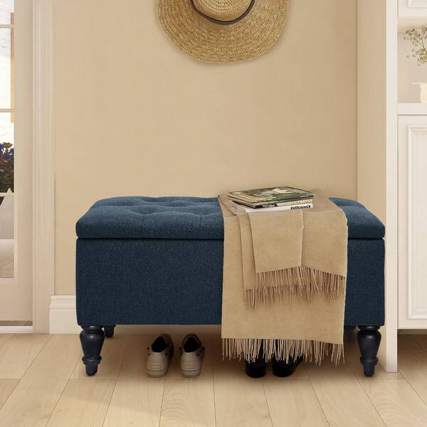 Maypex 29 in. Navy Linen Fabric Upholstered Flip Top Tufted Storage Bench