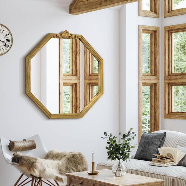 Hochwertiges 28 in. W x 28 in. H Octagon Brown Wood Framed Wall Mirror Farmhouse Decorative Wall Mirror