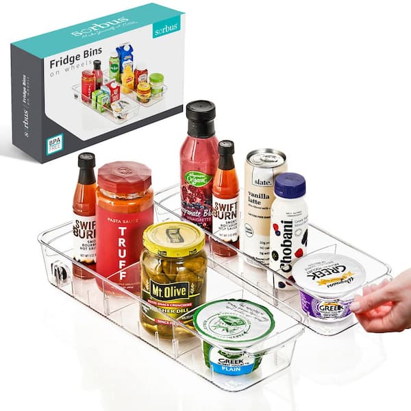 Clear Small Roll Out Fridge Organizers Dividers and Handles 4 in. L x 14 in. W x 3 in. H Fridge Storage on Wheels 2-Pack