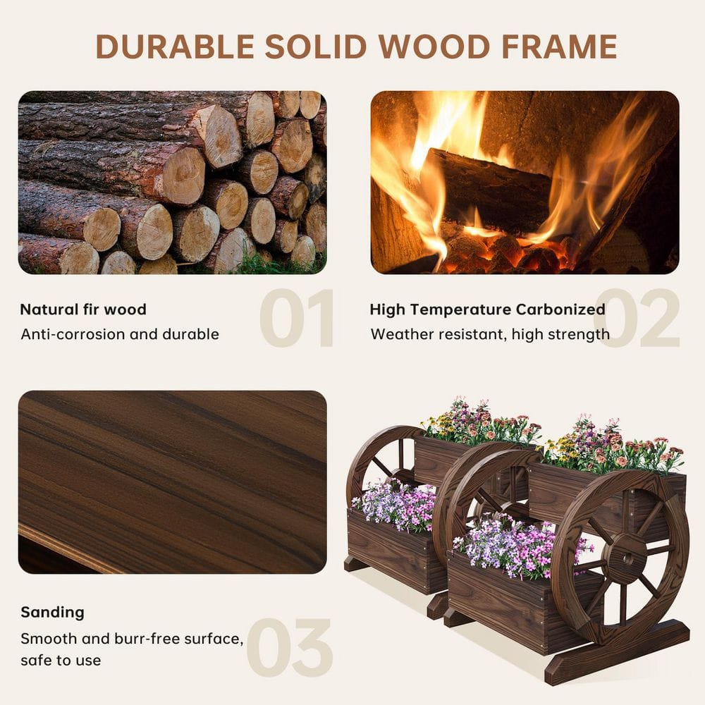 Rustic Brown Wooden Wagon Planter Box with Wheels for Indoor/Outdoor Use