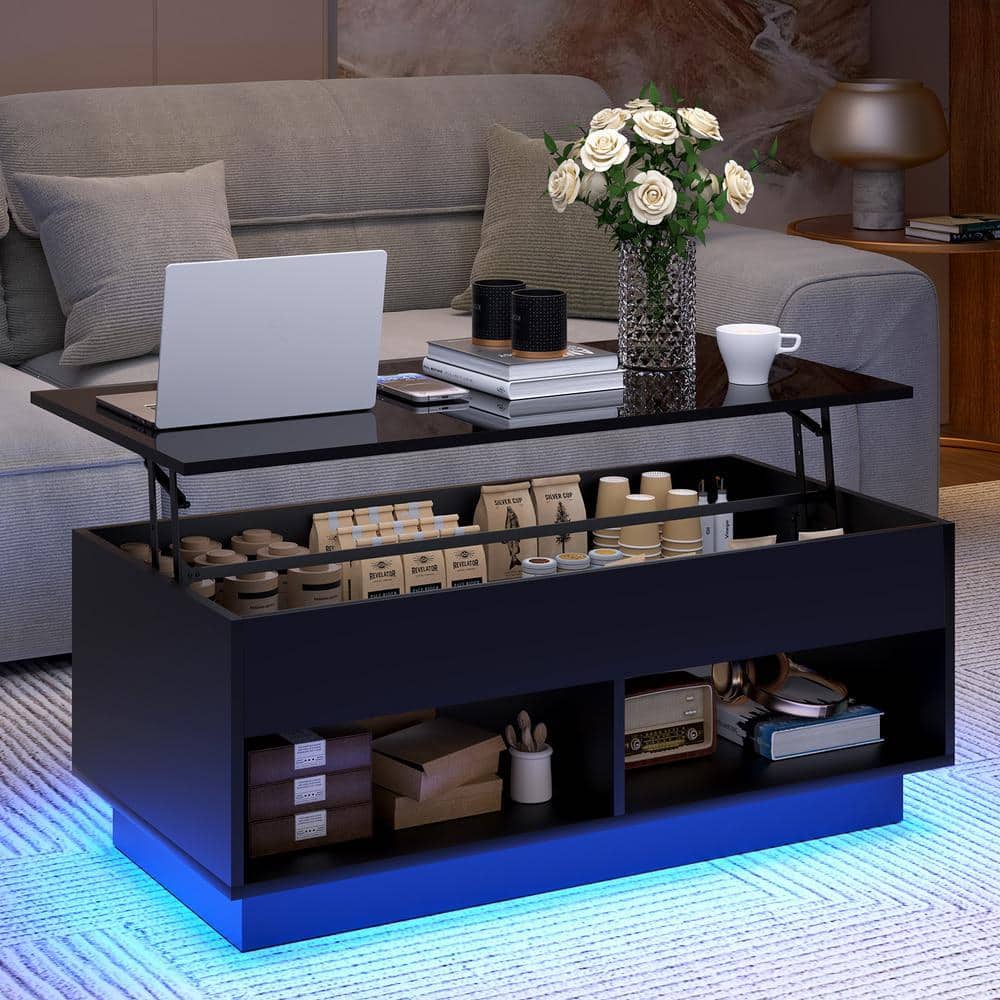 Hommpa 40.16 in. Black Rectangle Wood Lift Top Coffee Table with RGB LED Light, Hidden Compartment, Open Shelves POA0271862-1
