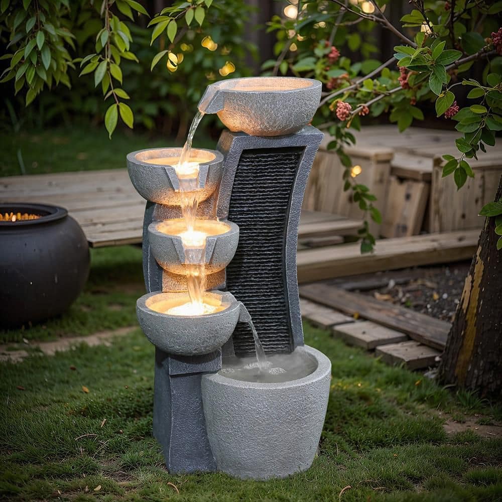 LuxenHome 26" Gray Resin 5-Bowl Outdoor Fountain with Lights