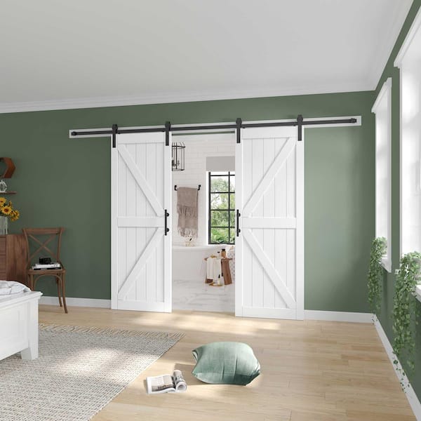 64 in. x 84 in. (Double 32 in. Doors) British K Shape White MDF Sliding Barn Door with Hardware Kit