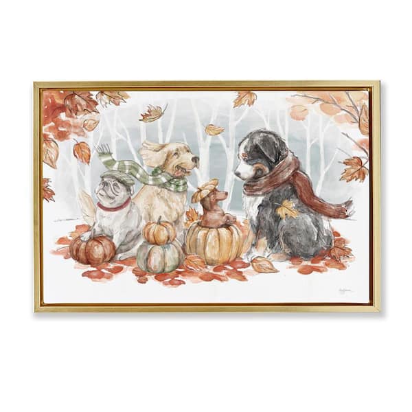 Stupell Industries Autumn Fun Dogs by Mary Urban Gold Floater Frame Graphic Typography Art Print 17 in. x 25 in.