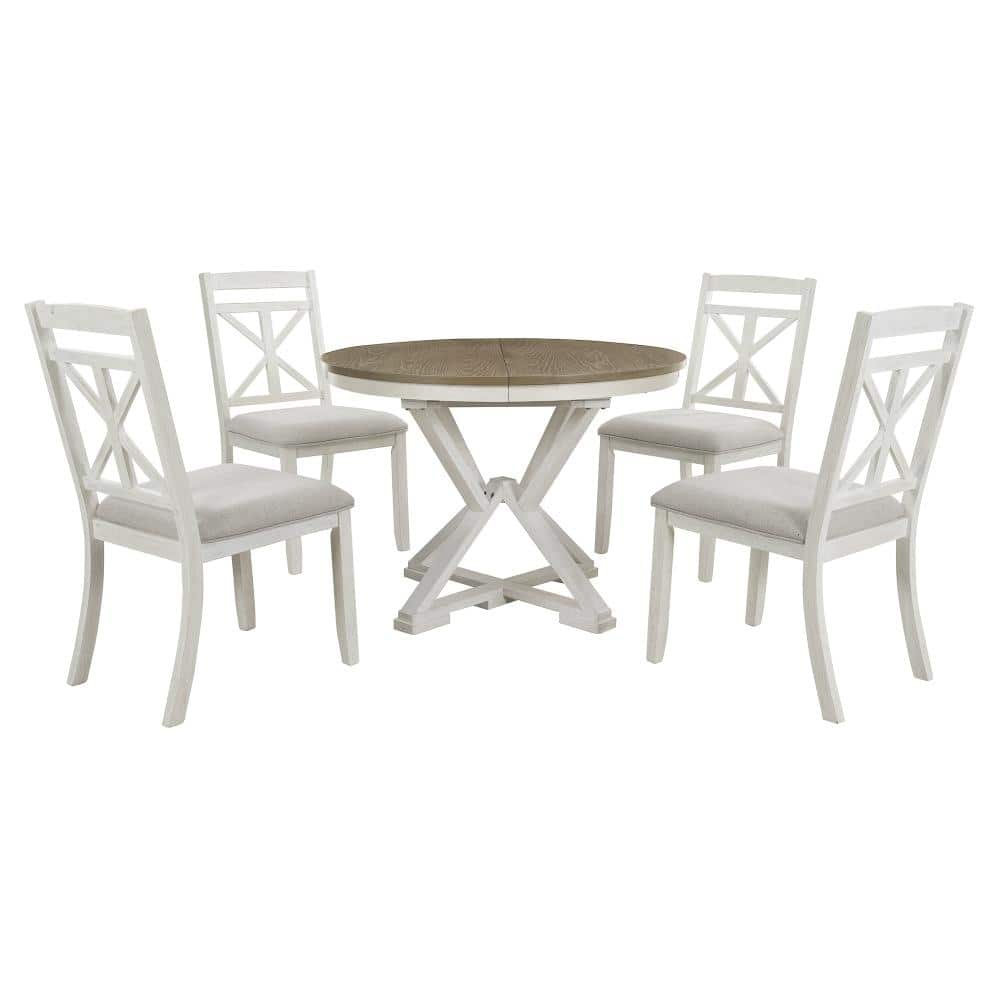 5 Piece Round Extendable Wood Top Dining Table Set with Upholstered Chairs, Brown/Antique White, Seats 4