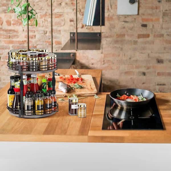 2-Tier Adjustable Height Rotating Spice Racks Spice Organizer Turntable in Gray for Kitchen Cabinet Countertop Pantry