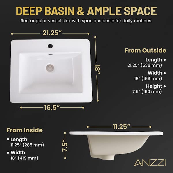 ANZZI Jack Series 21 in. Rectangular Ceramic Drop-In Bathroom Sink
