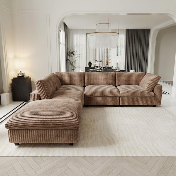 157 in. Square Arm Soft Faux Rabbit Fur Velvet 5-Piece Modular Sectional Sofa with Ottoman, Washable Covers in. Brown