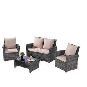 4-Piece Gray Wicker Patio Conversation Set with Beige Cushions, Tempered Glass Coffee Table