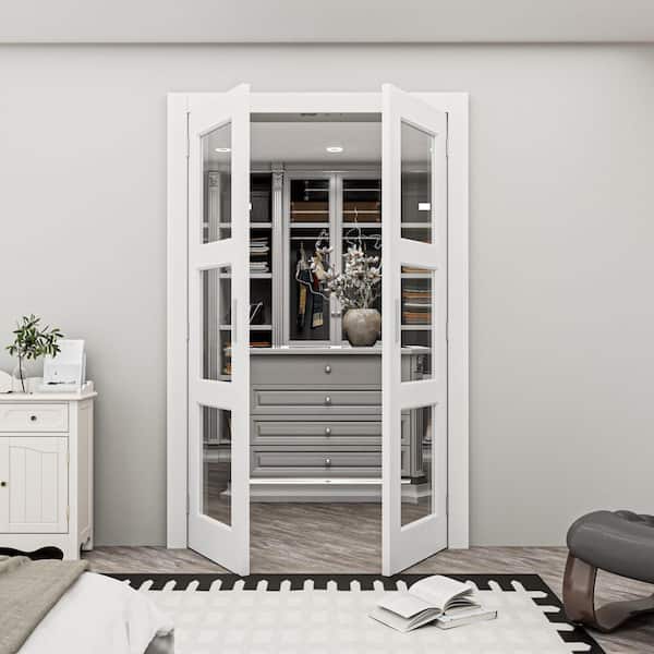 36 in. x 80 in. 3-Lite Clear Glass White Solid Core Glass French Door Without Jamb Double Interior Door Slab + Ballcatch