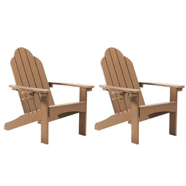 LUE BONA Classic Brown Plastic All-Weather Weather Resistant with Cup Holder Outdoor Patio Adirondack Chair (Set of 2)