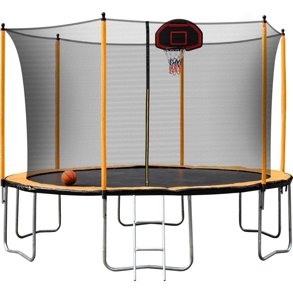 12 ft. Outdoor Round Orange Trampoline with Basketball Hoop