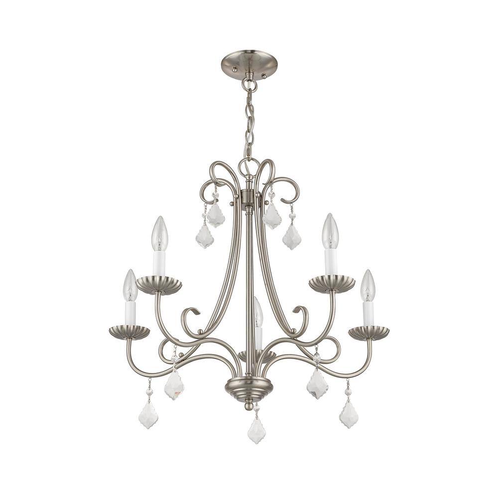 Elegant Brushed Nickel 5-Light Chandelier with Crystal Teardrops