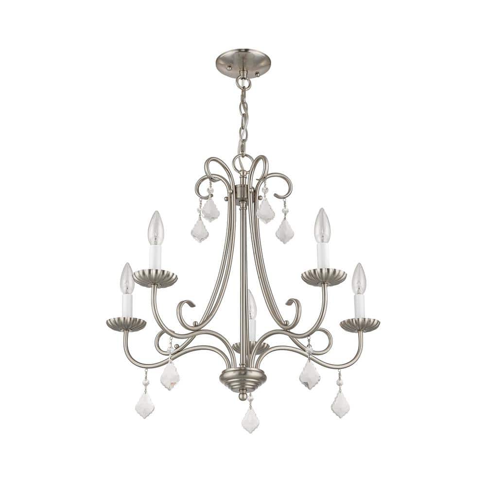 Elegant Brushed Nickel 5-Light Chandelier with Crystal Teardrops