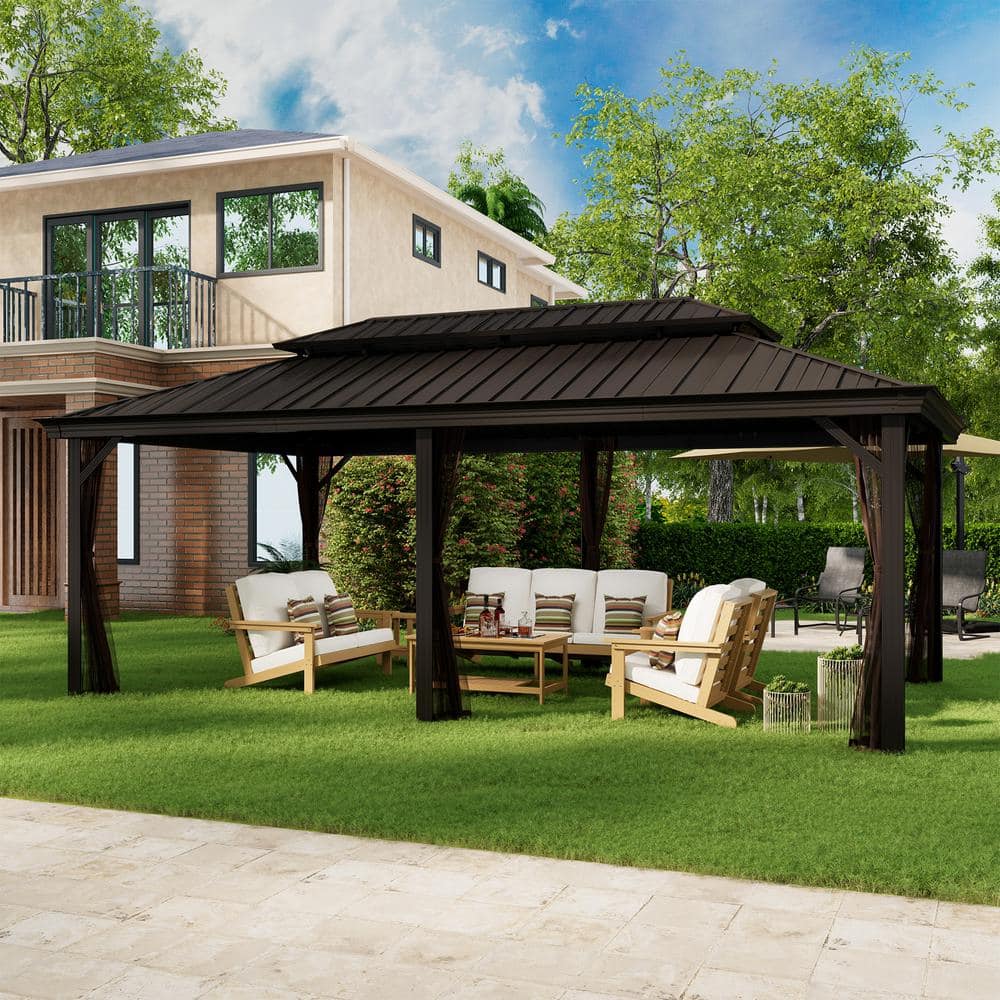 20 ft Black Aluminum Patio Gazebo with Steel Roof