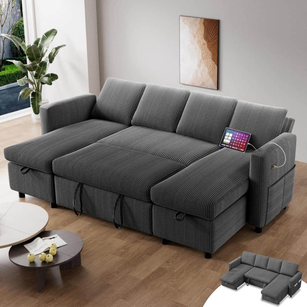 105" Sleeper Sofa Bed with Pull Out Bed U-Shaped Couch Sectional Sleeper Sofa,Chenille Beige